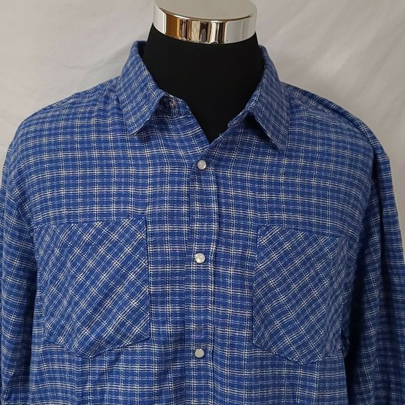 Vtg Haband Casual Joe Mens Large Blue Plaid Pearl Snap Long Sleeve Flannel Shirt - Picture 2 of 11